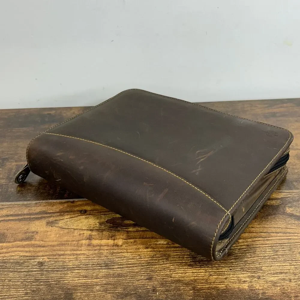 Vintage Franklin Covey 7 Ring Full Grain Leather Classic Brown Zip Planner USA